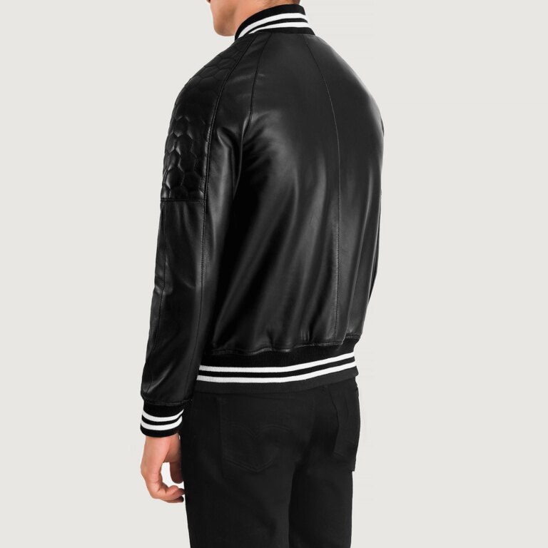 Mens Pascal Black Leather Varsity Jacket Tilted Back-8-1704119371546